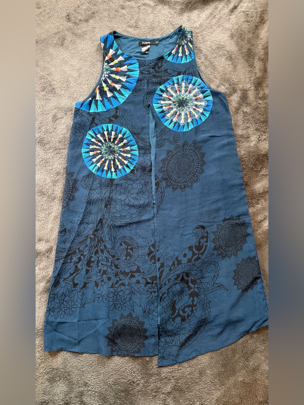 Desigual Navy Blue Graphic Sundress with Turquoise Fan Motif